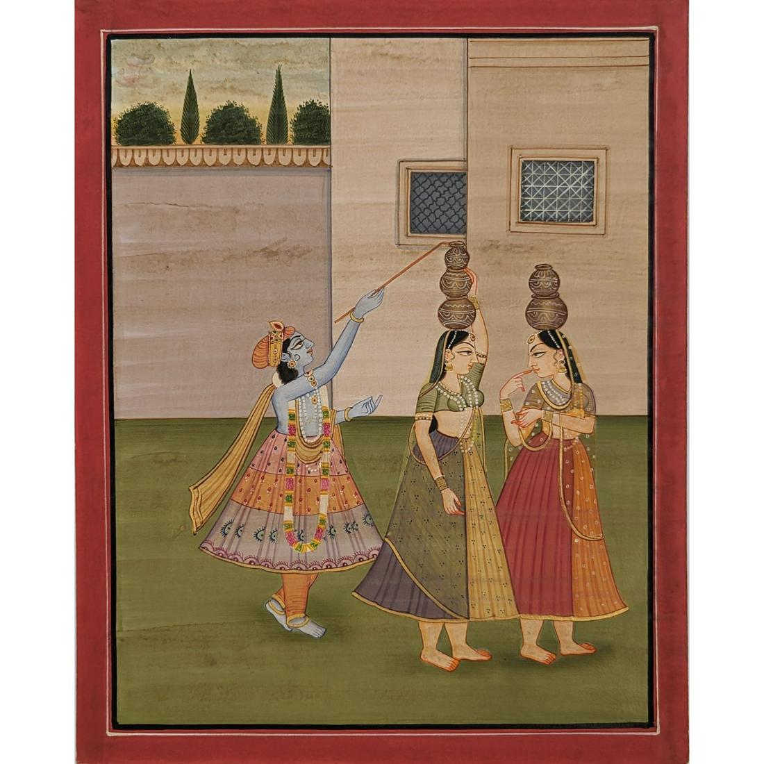 Indian Pahari School Miniature Painting Of Krishna And Gopis: Indian Pahari School Miniature Painting Of Krishna And Gopis. Measures approx. 9 7/8" X 8". Please carefully read our terms of sale, shipping information, and request any condition reports or photos p
