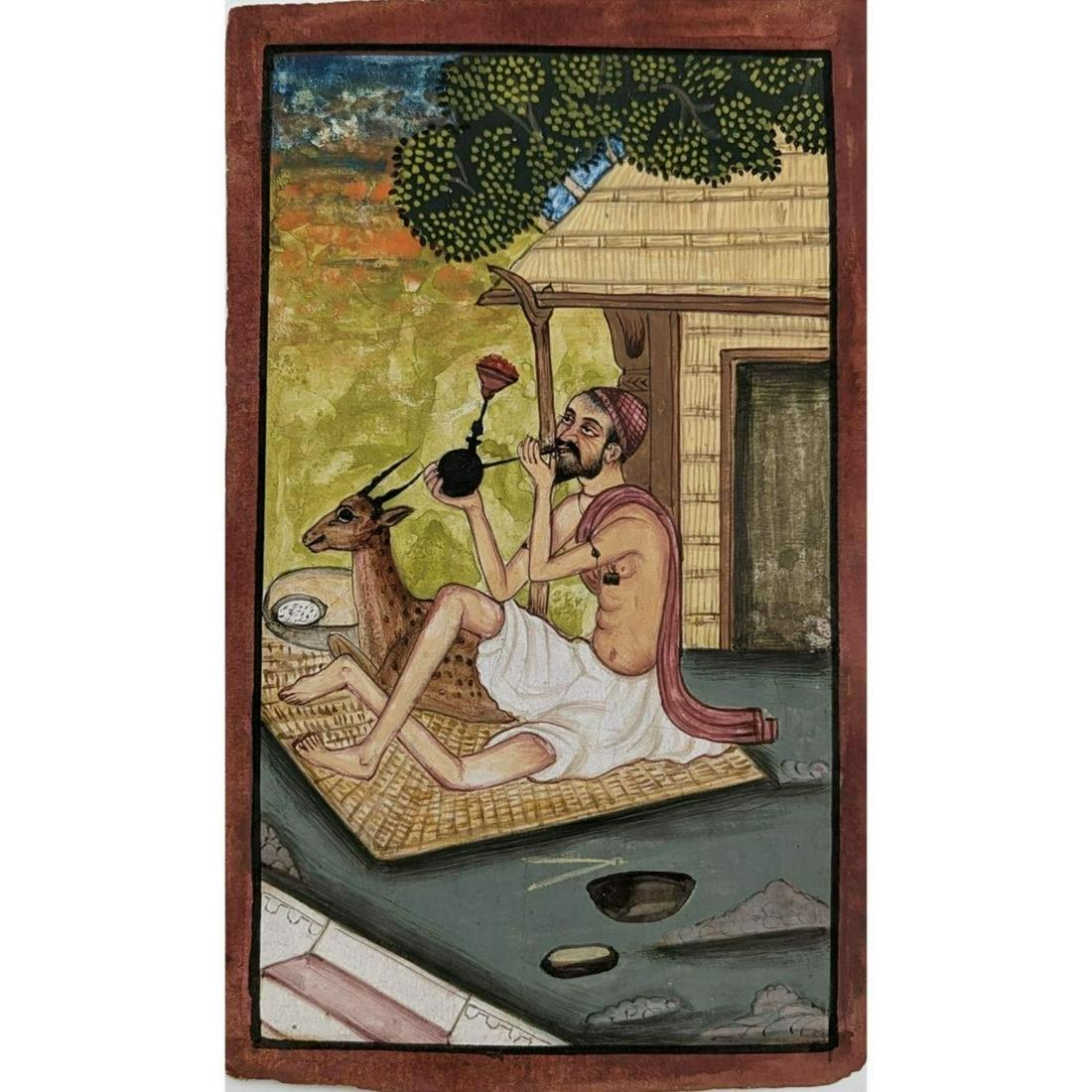Indian Miniature Painting Of A Mughal Saint In His Hut With A Huqqa: Indian Miniature Painting Of A Mughal Saint In His Hut With A Huqqa. Measures approx. 8 1/8" X 4 7/8". Please carefully read our terms of sale, shipping information, and request any condition reports 