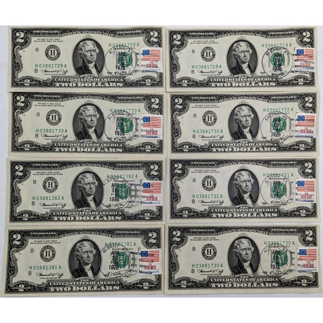 Lot Of 8 Vintage US 1976 Series Two Dollar Bill Notes, Each With A Stamp And Seal (1 of 5)