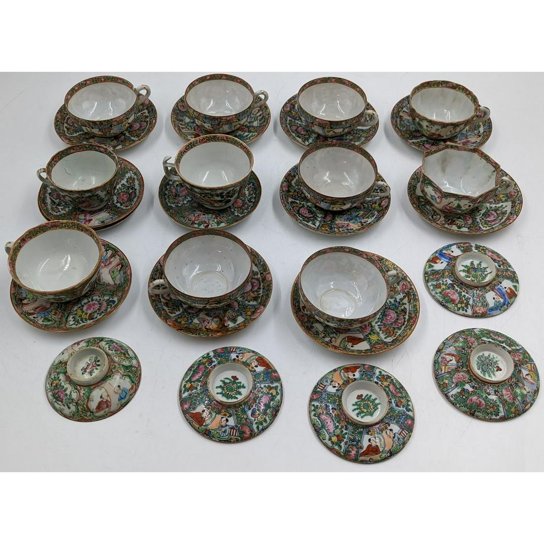 Chinese Rose Medallion Tea Cups With Saucers And A Few Lids, 28 Pieces: Chinese Rose Medallion Tea Cups With Saucers And A Few Lids, 28 Pieces. There are a few chips throughout the set, please see pics. Please carefully read our terms of sale, shipping information, and re