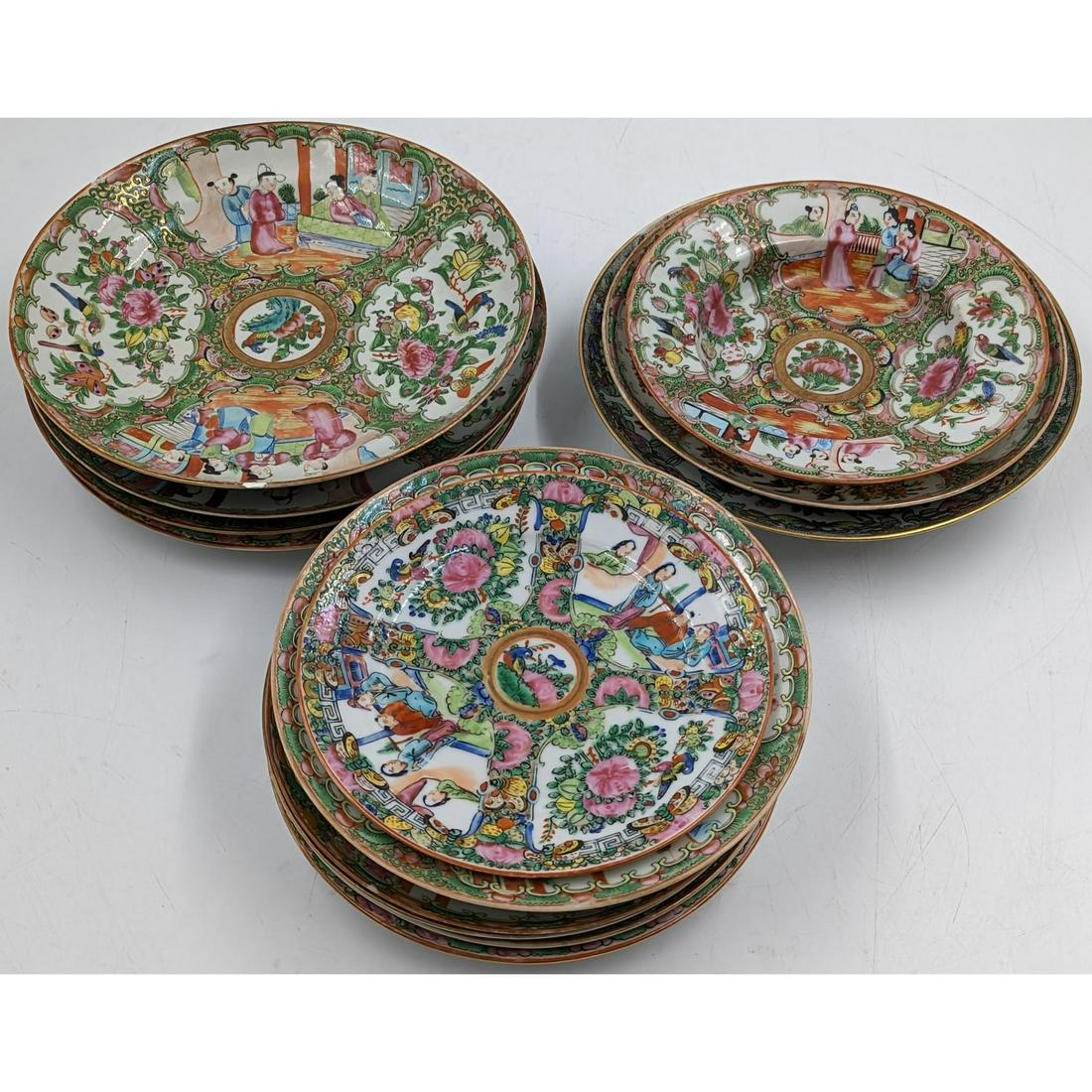 Chinese Rose Medallion Dinner Plates And Soup Bowls, 13 Pieces: Chinese Rose Medallion Dinner Plates And Soup Bowls, 13 Pieces. Please note that there are a few chips throughout the set, please see pics. The plates and bowls come in a variety of designs and sizes.