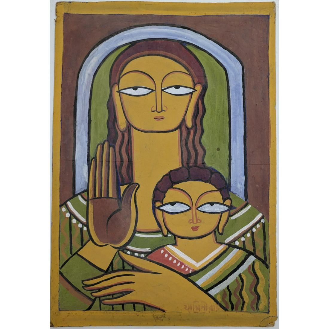 An Indian Acrylic On Board Figural Painting, Artist Signed Lower Right Jamini Roy (1 of 9)
