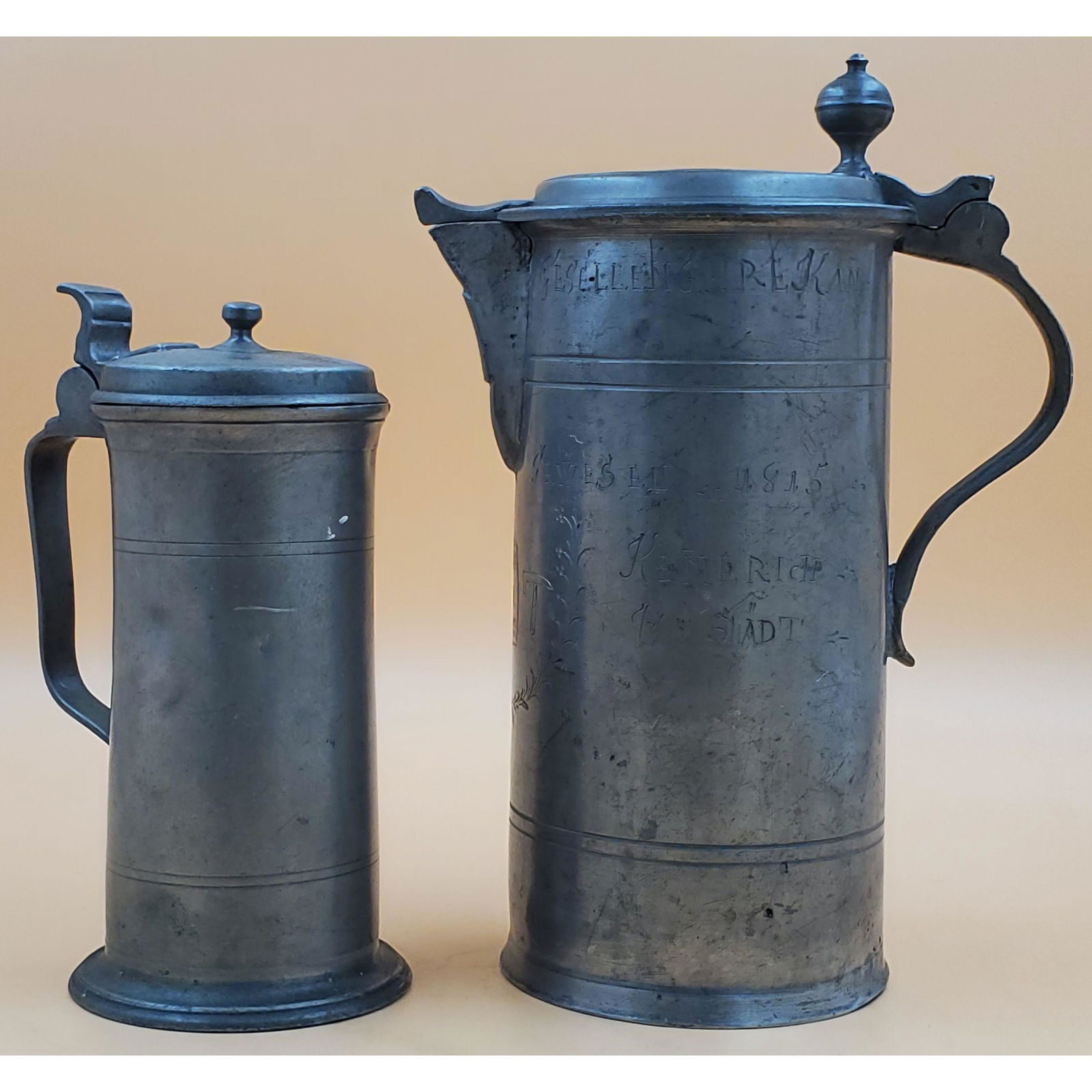 2 Lg Antique German Pewter Tankards, 1815 (1 of 20)