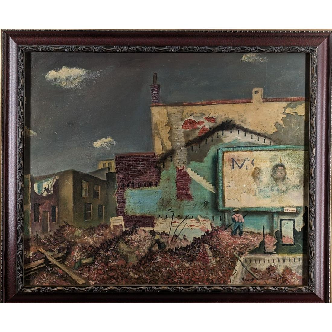 Signed C. Thomas Oil On Board Construction Site Painting (1 of 6)