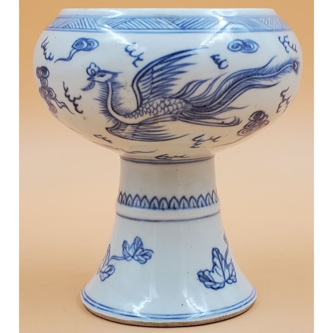 Chinese Porcelain Blue and White Stem Cup with Phoenix Motif (1 of 20)
