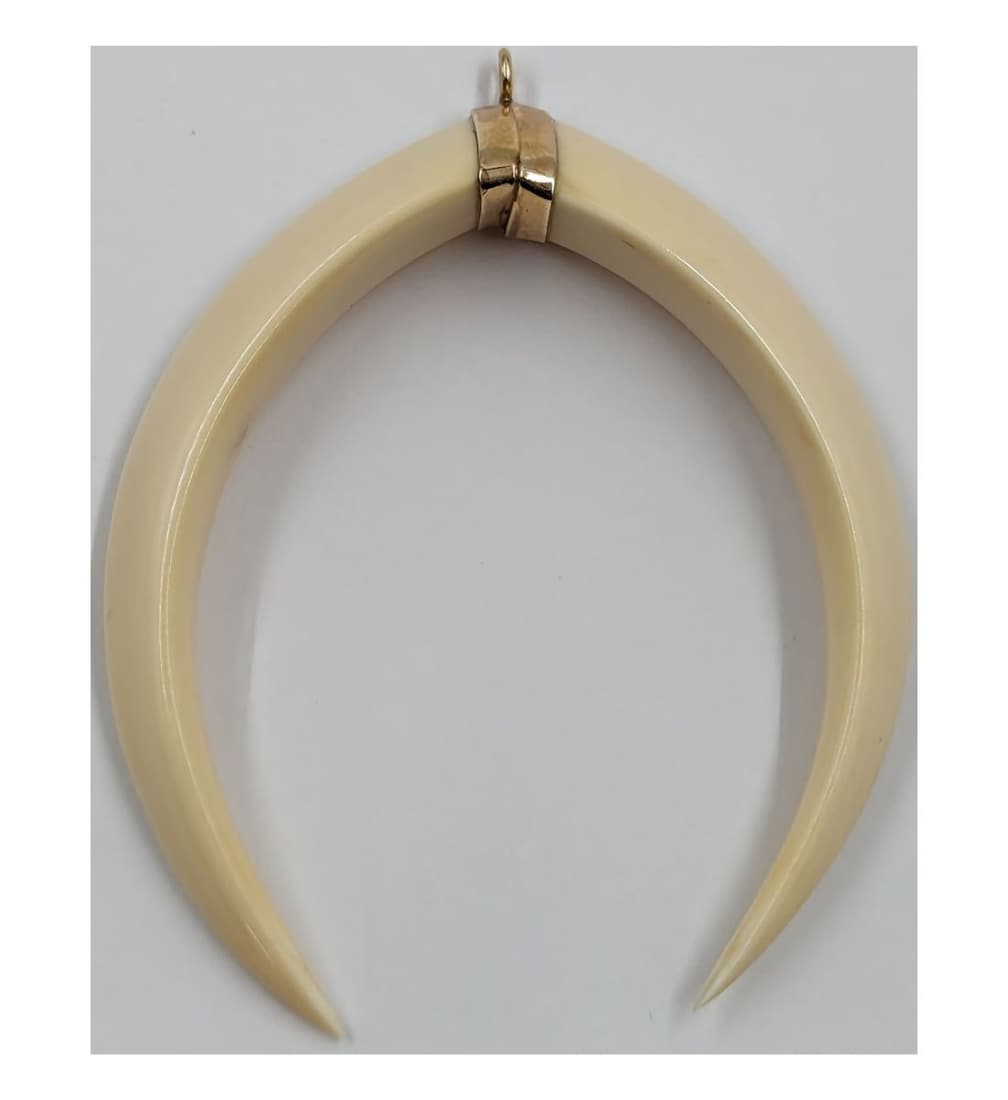 A Finely Carved Pair Of  Boar Tusks Pendant With 14K Gold Cap (1 of 8)