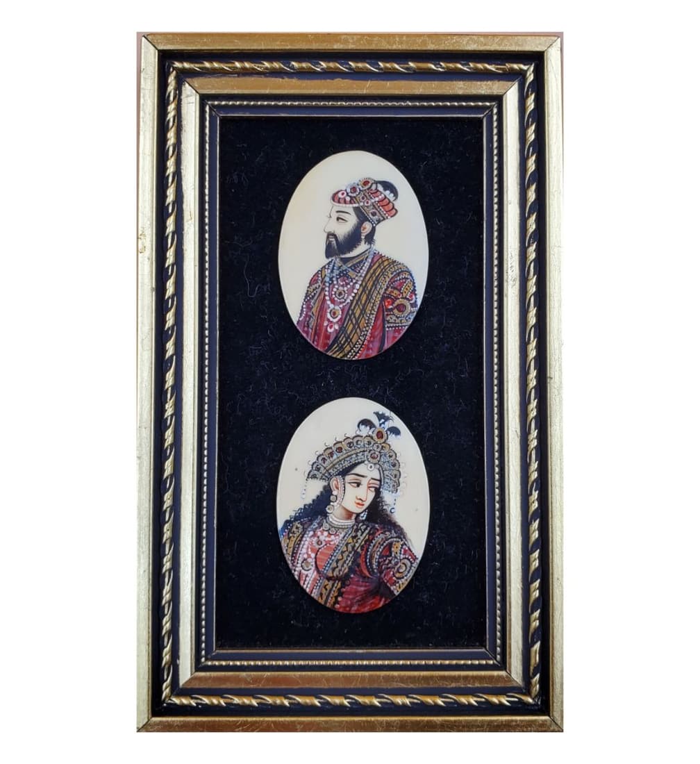 Vintage Mughal Portraits on Bone: Vintage Mughal Portraits on Bone. The Frame measures 6 1/2" x 3 7/8, and each Portrait measures 2" x 1 1/2". Please carefully read our terms of sale, shipping information, and request any condition re