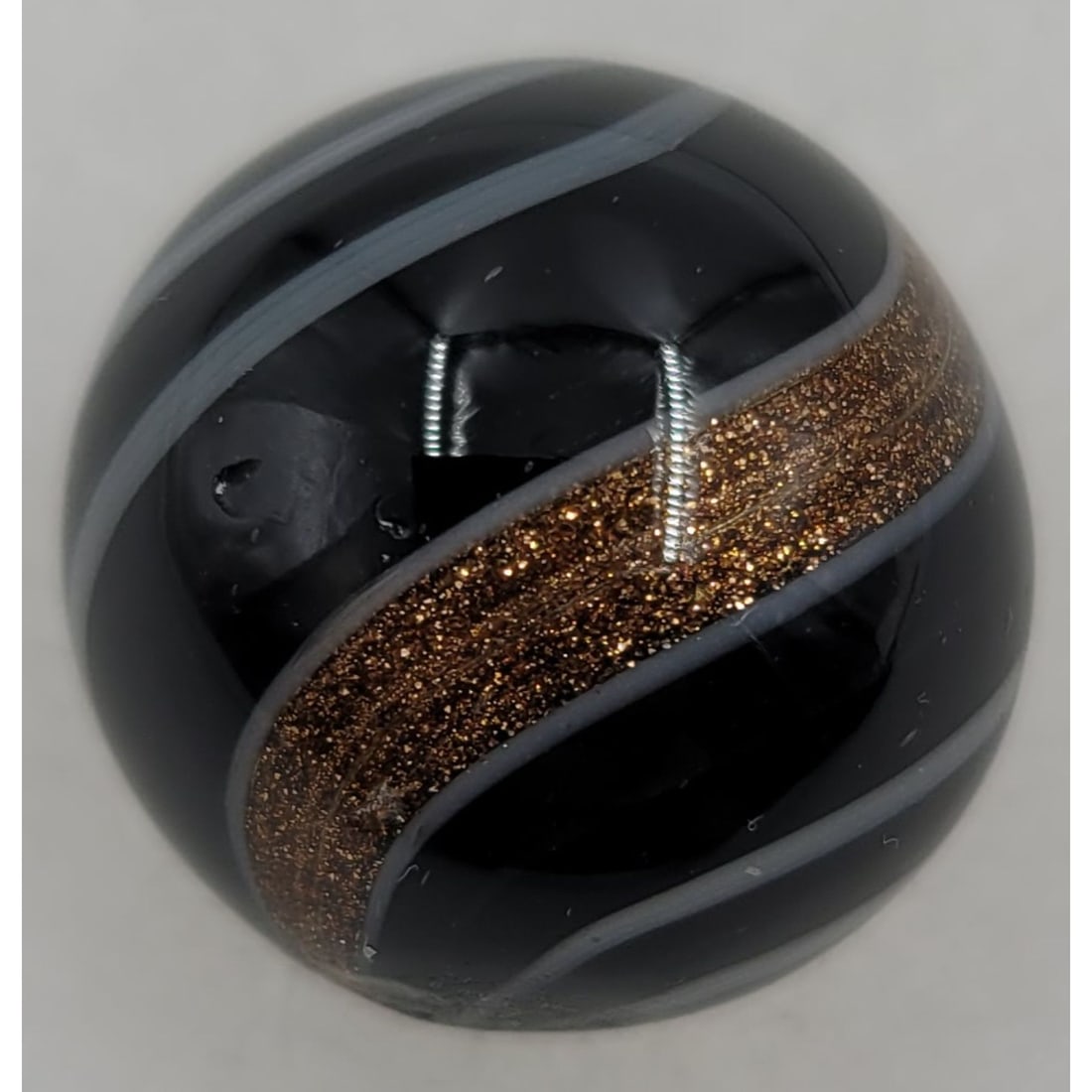 Handmade Black Opaque Glass Marble with two Lutz Bands and 4 Grey Bands (1 of 6)