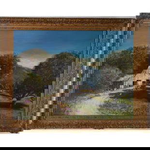 American Edward Wilson Currier 1857-1918 Original Landscape Painting Cows Chicken Barn Car People: American Edward Wilson Currier 1857-1918 California / Ohio, Original Landscape Painting. Frame Measure 47" X 38". Please carefully read our terms of sale, shipping information, and request any conditi