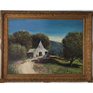 American Edward Wilson Currier 1857-1918 Original Landscape Painting Cows Chicken Barn Car People: American Edward Wilson Currier 1857-1918 California / Ohio, Original Landscape Painting. Frame Measure 47" X 38". Please carefully read our terms of sale, shipping information, and request any