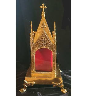 Fabulous large Gothic cathedral reliquary for your precious relics: Fabulous large Gothic cathedral reliquary for your precious relics. This reliquary is quite large, standing 14" tall and 7" wide and 7" deep and quite heavy. Gorgeous gold plate with intricate gothic