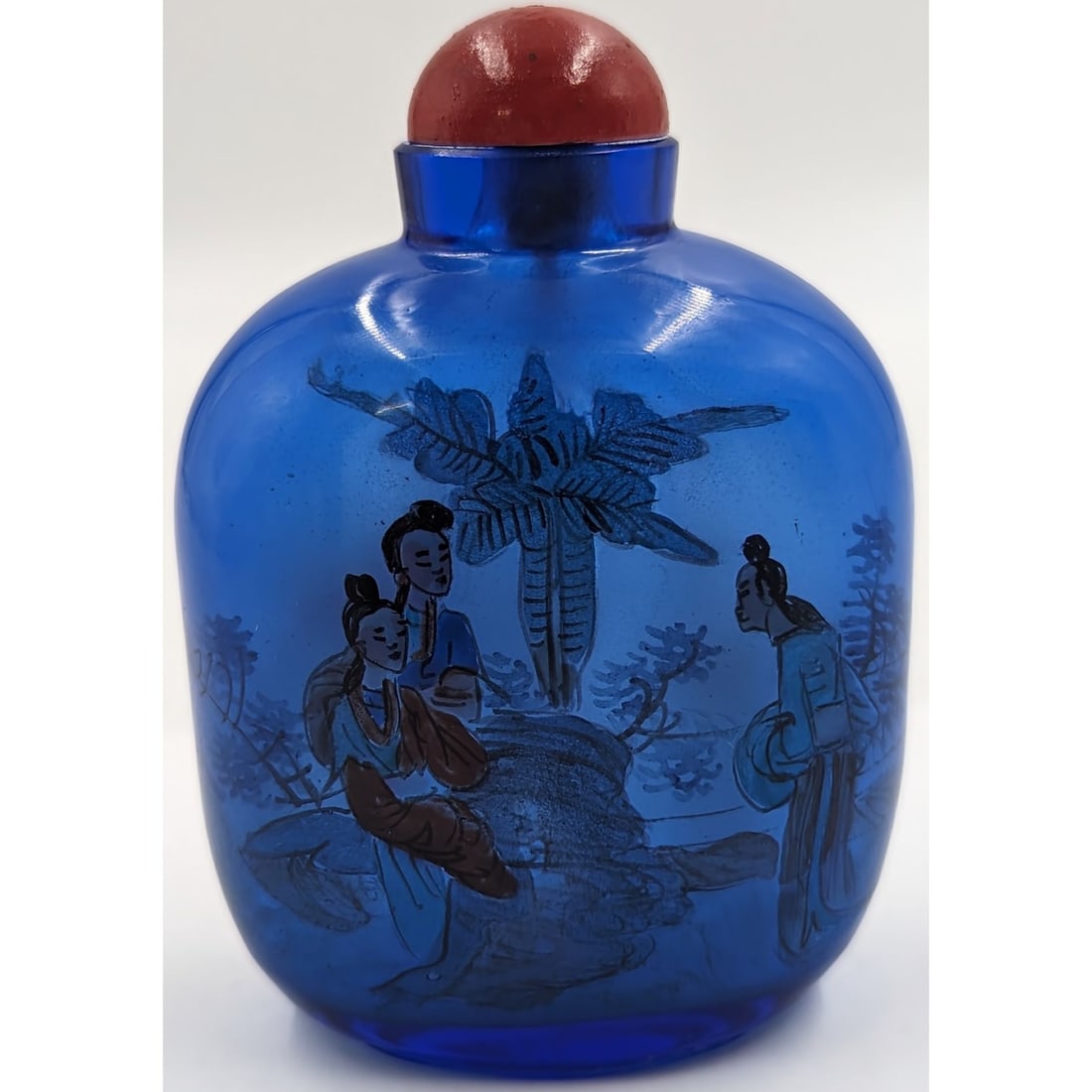 Large Chinese Reverse Painted Blue Glass Snuff Bottle With Wooden Stopper (1 of 11)