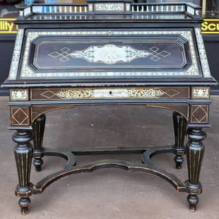 Antique Hand Carved Inlay Decoration French Napoleon III Desk: Antique Hand Carved Inlay Decoration French Napoleon III Desk. Measures 41 1/2" x 20 3/4" x 42 1/2". Please carefully read our terms of sale, shipping information, and request any condition reports