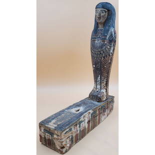 Large Egyptian Wood Standing Polychrome Sculpture & Base, Ex-Mark Goodstein Collection: Large Egyptian Wood Standing Polychrome Sculpture & Base, Ex-Mark Goodstein Collection. The Sculpture measures 4 7/8" x 3 1/8" x 17 1/4" and the base measures 14 1/2" x 4" x 3 1/4". Please carefully