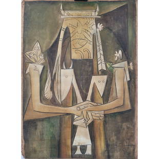 Wifredo Lam Artist Signed and Dated Abstract Oil On Canvas Painting (1949): Wifredo Lam Artist Signed and Dated Abstract Oil and Canvas Painting (1949). Canvas is not stretched. Canvas measures 39"H X 28"W|| Please carefully read our terms of sale, shipping information, and r