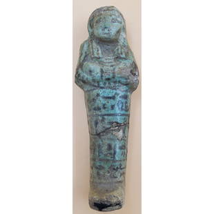 Egyptian Ushabti Burlel Faience, Ptolemaic Period. From the Collection of William Ashby: Egyptian Ushabti Burlel Faience, Ptolemaic Period. From the Collection of William Ashby. Measures 1 3/4" x 1" x 5 1/4". Please carefully read our terms of sale, shipping information, and request any