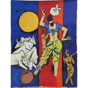 Maqbool Fida Husain (1913-2011) Oil on Canvas Figural Painting, Signed Top Left: Maqbool Fida Husain (1913-2011) Oil on Canvas Figural Painting, Signed Top Left. Measures approx. 37.25" X 31.25" ***We at RBFineArts can only attribute this work to Maqbool Fida Husain based upon