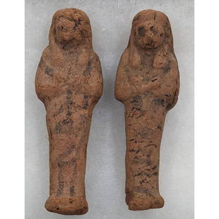 A Pair Of Early Egyptian Clay Pottery/Terracotta Ushabti: A Pair Of Early Egyptian Clay Pottery/Terracotta Ushabti. Measures approx. 4" tall each. || Please carefully read our terms of sale, shipping information, and request any condition reports or photos