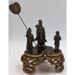 Set Of 3 Antique Japanese Bronze And Mixed Metal Figures On A Gold Lacquered Stand: Set Of 3 Antique Japanese Bronze And Mixed Metal Figures On A Gold Lacquered Stand. Measures approx. 6" X 5" altogether, the tallest of the figures stands at 3 3/4" tall. || Please carefully read our