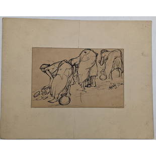 Signed And Dated Indian Master Artist Upendra Maharathi Pen & Ink Sketch, 1959: Signed And Dated Indian Master Artist Upendra Maharathi Pen & Ink Sketch, 1959 . Measures approx. 12" X 15", Sight measures approx. 6" X 9". || Please carefully read our terms of sale, shipping inform