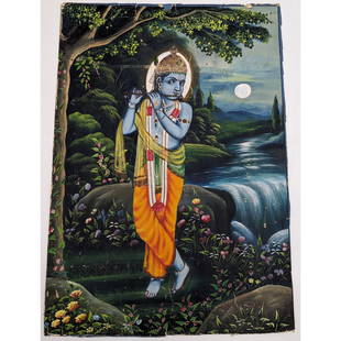 Signed M. Dhurandhar Watercolor Painting Of Krishna: Signed M. Dhurandhar Watercolor Painting Of Krishna. Measures approx. 20" X 14". || Please carefully read our terms of sale, shipping information, and request any condition reports or photos prior to