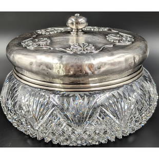 ABP CG Sterling Silver Top Covered Vanity Jar With Strawberry Diamond And Fan Pattern: ABP CG Sterling Silver Top Covered Vanity Jar With Strawberry Diamond And Fan Pattern. Measures approx. 4 1/4" X 5 3/4". There are a few chips scattered around the piece, please see pics. || Please ca