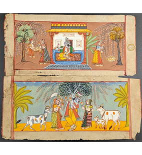 Pair Of Indian Rajasthani School Painting Of Krishna On A Manuscript Page: Pair Of Indian Rajasthani School Painting Of Krishna On A Manuscript Page. Measures approx. 5 1/2" X 12". || Please carefully read our terms of sale, shipping information, and request any condition re