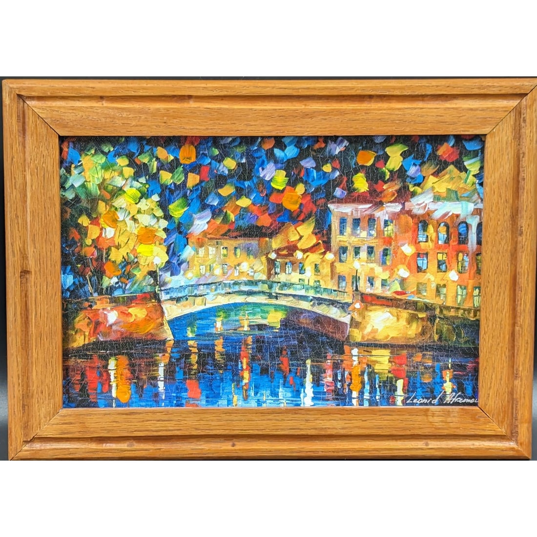 Signed Leonid Afremov (1955-2019) Giclee On Canvas With Acrylic Touch And COA, "Bridge in Amsterdam": Signed Leonid Afremov (1955-2019) Giclee On Canvas With Acrylic Touch And COA, "Bridge in Amsterdam". Measures approx. 10 1/4" X 14 1/4", Sight measures approx. 7 1/4" X 11". || Please carefully read