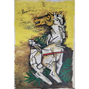 Maqbool Fida Husain 1915-2011 Oil on Canvas No COA: Maqbool Fida Husain 1915-2011 Oil on Canvas. Canvas Measures 37.25" X 57" ***We at RBFineArts can only attribute this work to MAQBOOL FIDA HUSAIN 1913-2011 based upon the quality and the presence of a