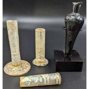 Estate Lot Of 4 Syrian Glass Bottles, Circa 7th Century: Estate Lot Of 4 Syrian Glass Bottles, Circa 7th Century. Measures approx. from 2 5/8" to 4 1/4". || Please carefully read our terms of sale, shipping information, and request any condition reports or