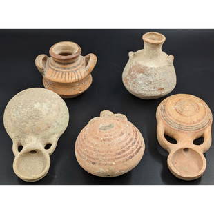 Estate Lot Of 5 Cyprotic Terracotta Vessels, Two Jars And Three Flasks: Estate Lot Of 5 Cyprotic Terracotta Vessels, Two Jars And Three Flasks. Measures approx. from 11cm to 20cm. || Please carefully read our terms of sale, shipping information, and request any condition