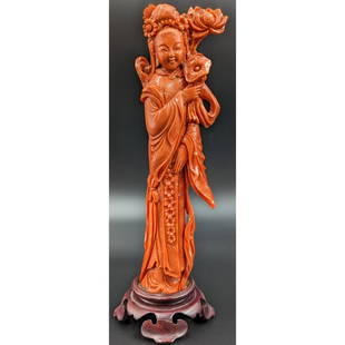 Chinese Coral Carving Of A Maiden With Lotus Flowers On A Wooden Stand: Chinese Coral Carving Of A Maiden With Lotus Flowers On A Wooden Stand. Measures approx. 9" tall. Has a weight of 256 grams.|| Please carefully read our terms of sale, shipping information, and reques