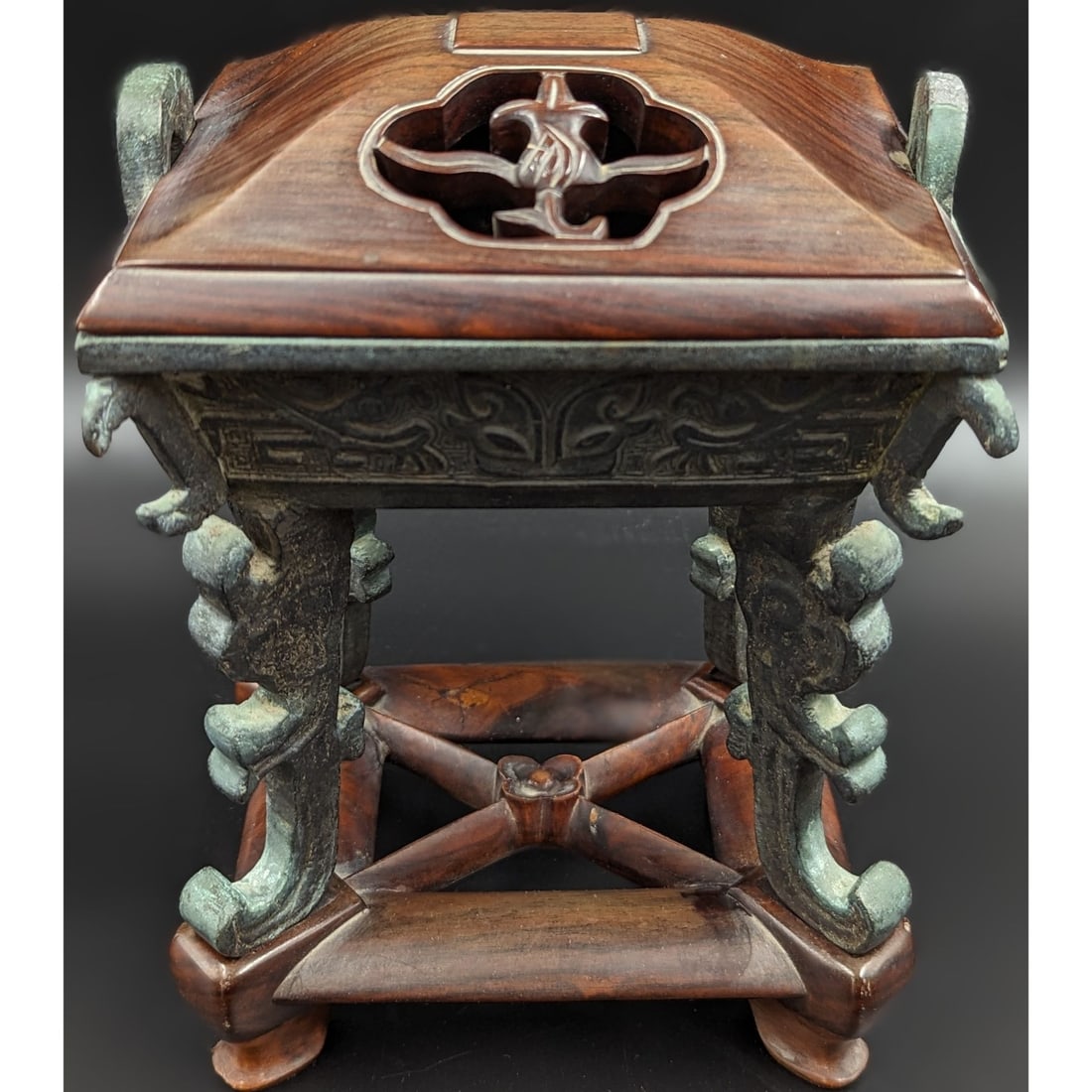 Chinese Archaic Style Bronze Rectangular Censer With A Wooden Stand And Cover (1 of 14)