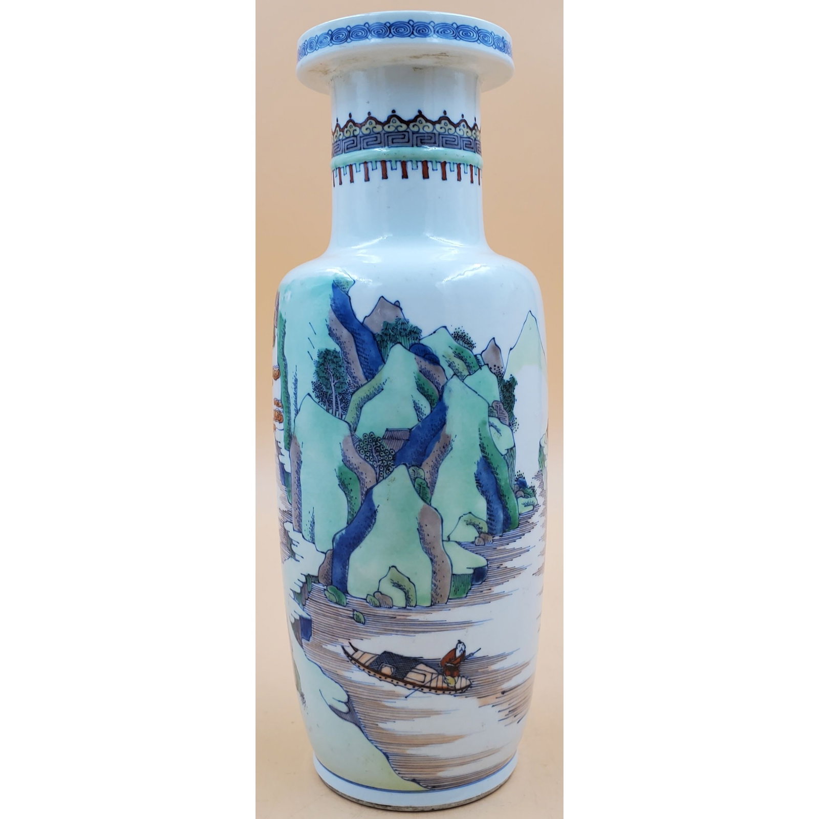 Chinese Porcelain Mallet Vase with Landscape Motif: Chinese Porcelain Mallet Vase with Landscape Motif. Measures 4 1/2" x 11 1/2". Please carefully read our terms of sale, shipping information, and request any condition reports or photos prior to placi