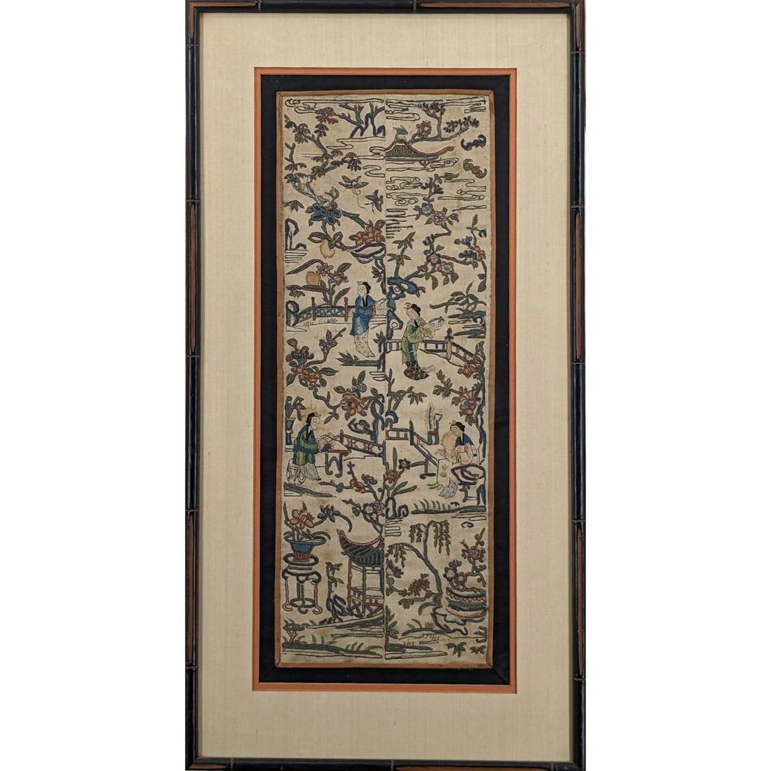 Late 19th Century Chinese Silk Embroidery Panels Matted In Bamboo Frame: Late 19th Century Chinese Silk Embroidery Panels Matted In Bamboo Frame. Made with French Couching Stitching and Chinese Forbidden Stitching. Measures approx. 26" X 13 1/2", Sight measures approx. 19 