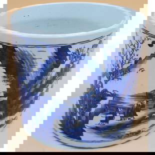 Signed Chinese Porcelain Blue and White Brush Pot with Calligraphy: Signed Chinese Porcelain Blue and White Brush Pot with Calligraphy . Measures 7 5/8" x 7 7/8". Please carefully read our terms of sale, shipping information, and request any condition reports or photo