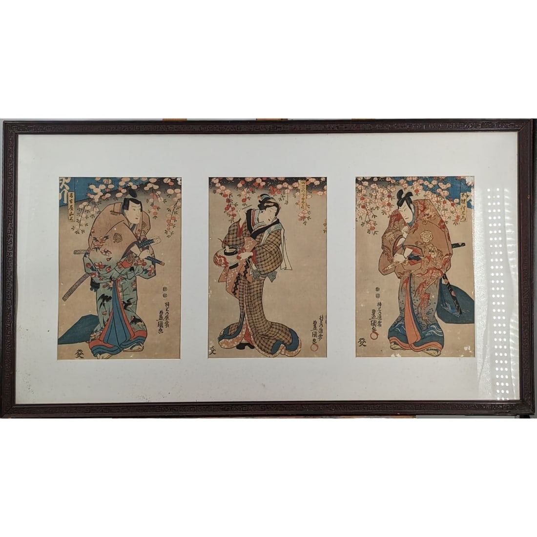 Large Framed Triptych Woodblock Print Set By Toyokuni II (1777-1835), Circa 1820s (1 of 11)