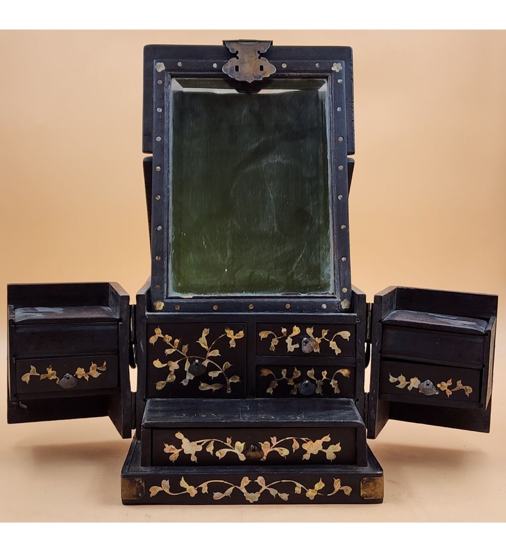 Antique Chinese Hardwood Travel Box With Mirror , Inlaid Mother Of Pearl Throughout (1 of 6)