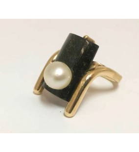 Antonio Pineda Gold Ring: Gold Antonio Pineda W GOLD FLAKE Stone Natural 9mm Pearl Ring cir 1950's. The ring is heavy at 18.5 grams.The large face front Measurement of the piece is 22mm by 15mm. Gold flake stone that shines