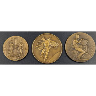 Lot Of 3 European Bronze Medallions, Decorated With Greek Gods And Floral Design: Lot Of 3 European Bronze Medallions, Decorated With Greek Gods And Floral Design. Measures approx. from 1 1/2" to 2" in diameter. || Please carefully read our terms of sale, shipping information, and