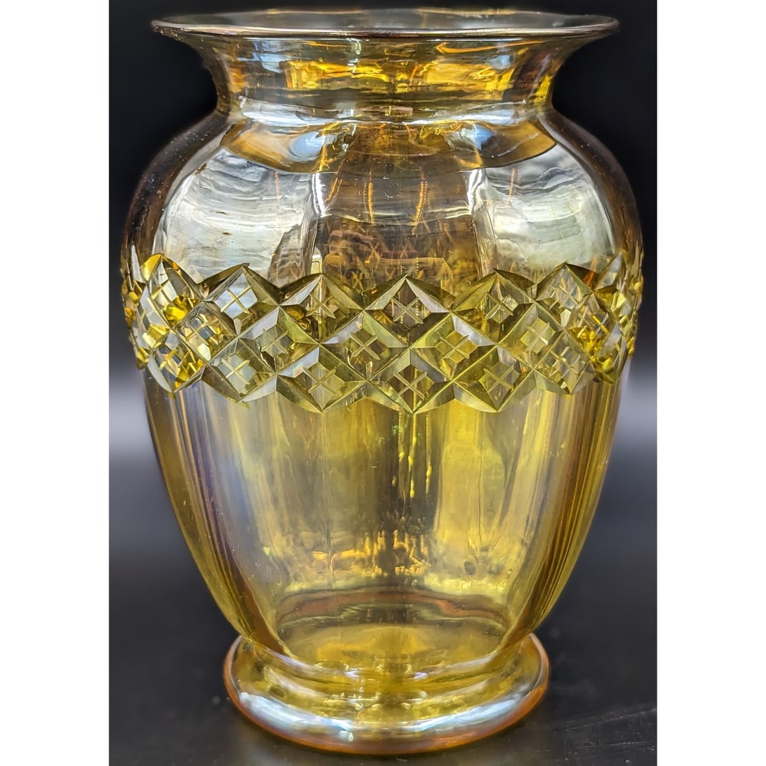 Durand Yellow Lustre Cut Glass Vase, Urn Form With A Band Of Wheel Cut Cross Hatching, Unsigned (1 of 13)