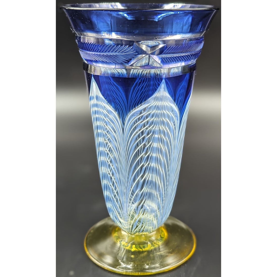 Fantastic Durand Peacock Feather Blue Cut To Clear Ice Tea Glass With Yellow Lustre Foot, Unsigned (1 of 9)