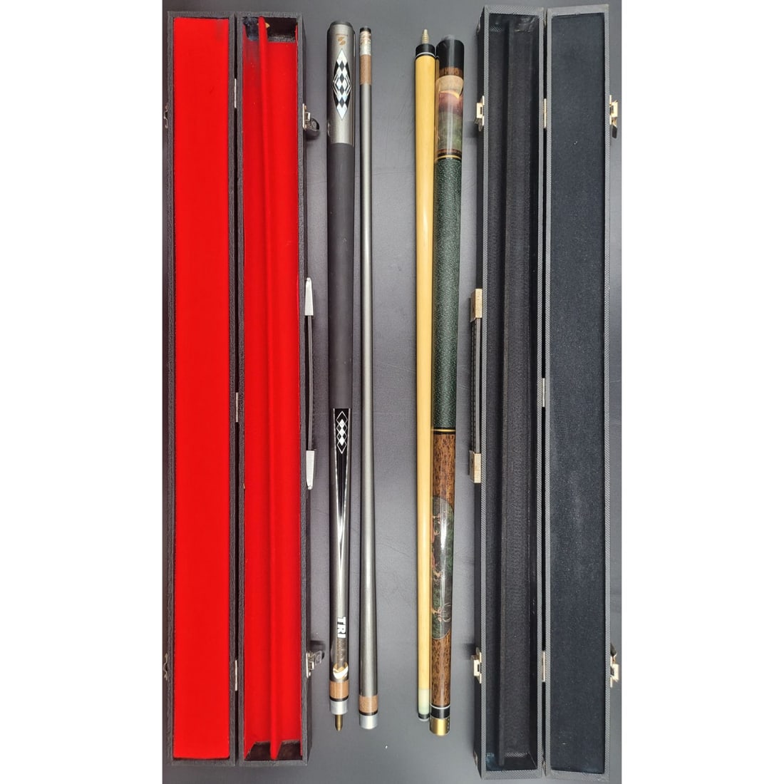 Pair Of Hand Crafted Hardwood Billiards Cues With Carry Cases (1 of 13)