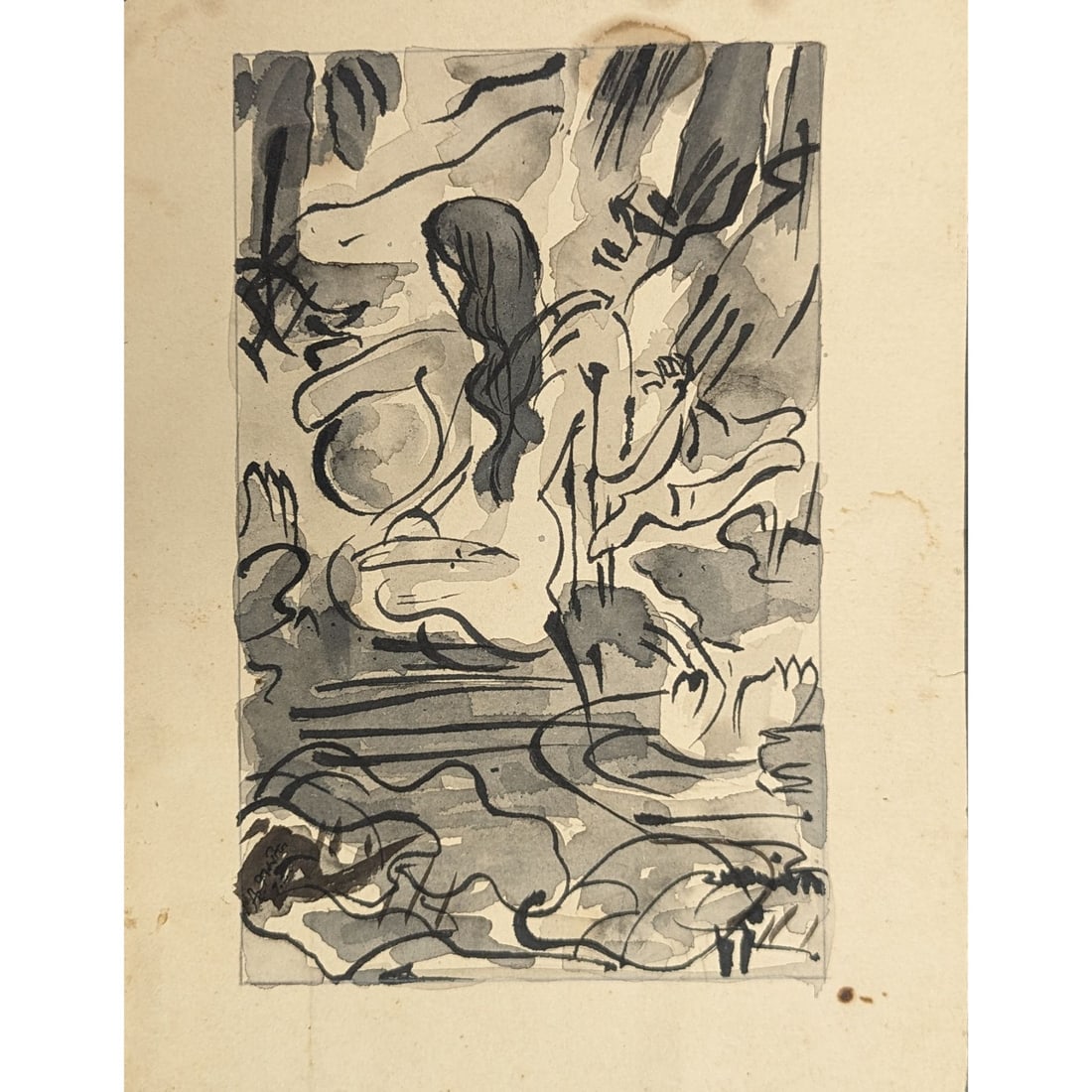 Signed Indian Ramkinkar Baij (1906-1980) Watercolor Painting: Signed Indian Ramkinkar Baij (1906-1980) Watercolor Painting. Measures approx. 9 1/2" X 6 1/4". || Please carefully read our terms of sale, shipping information, and request any condition reports or p