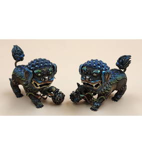 A Fine Pair Of Chinese Silver & Enamel Foo Dogs 19-20th C: A Fine Pair Of Chinese Silver & Enamel Foo Dogs 19-20th C. Measure 3.5" & 2.5" X 1 3/4". || Please carefully read our terms of sale, shipping information, and request any condition reports or photos p