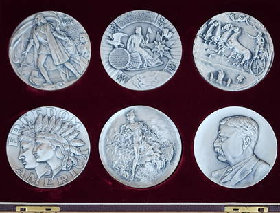 The Magnificent Six Numismatic Fine Silver Medals In Original Box Metal Arts Co, 1277 Grams: ***DUE TO THIS LOT BEING SILVER IT MUST BE PAID VIA BANK WIRE TRANSFER OR CERTIFIED CHECK.*** The Magnificent Six Numismatic Fine Silver Medals In Original Box Metal Arts Co, 1277 Grams. Please