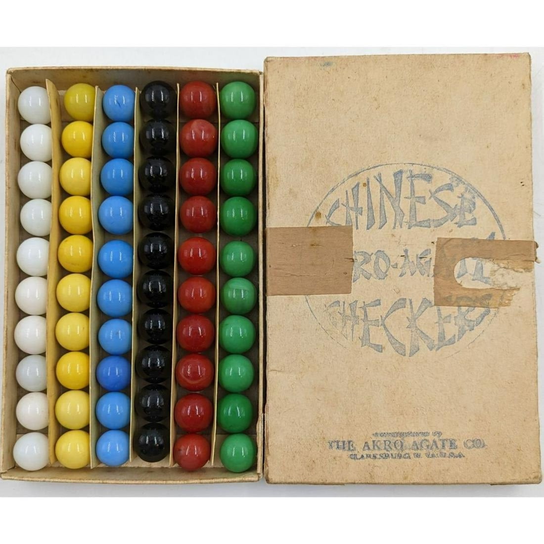Marbles: Akro Agate Chinese Checker Marbles, 60 Marbles In Original Akro Box (1 of 5)