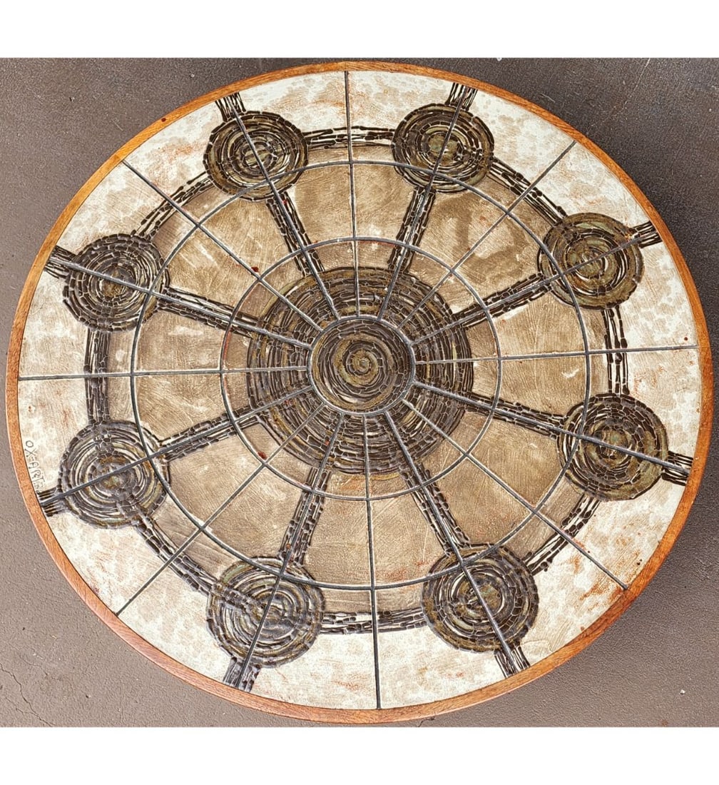 Danish Modern Round Coffee Table, Abstract Ox Art Tiles, Signed "Ox Art" And Dated '76 (1 of 8)