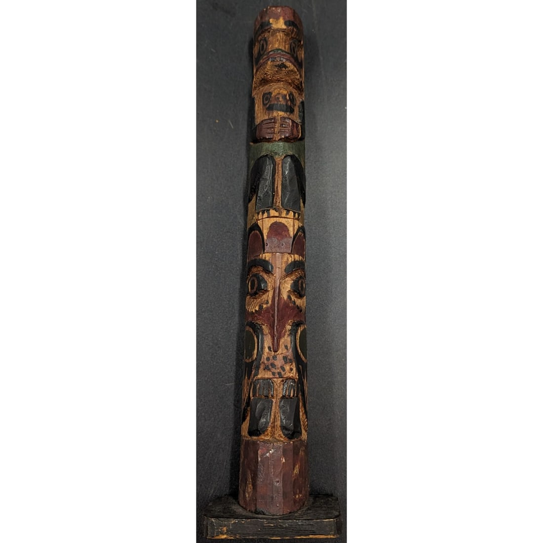 An Antique Hand Carved And Signed NW Cedar Totem Model, Circa 1900-1920s: An Antique Hand Carved And Signed NW Cedar Totem Model, Circa 1900-1920s. One of three totems offered in this sale, at least one of which was annotated reverse side by an anthropologist or collector. 