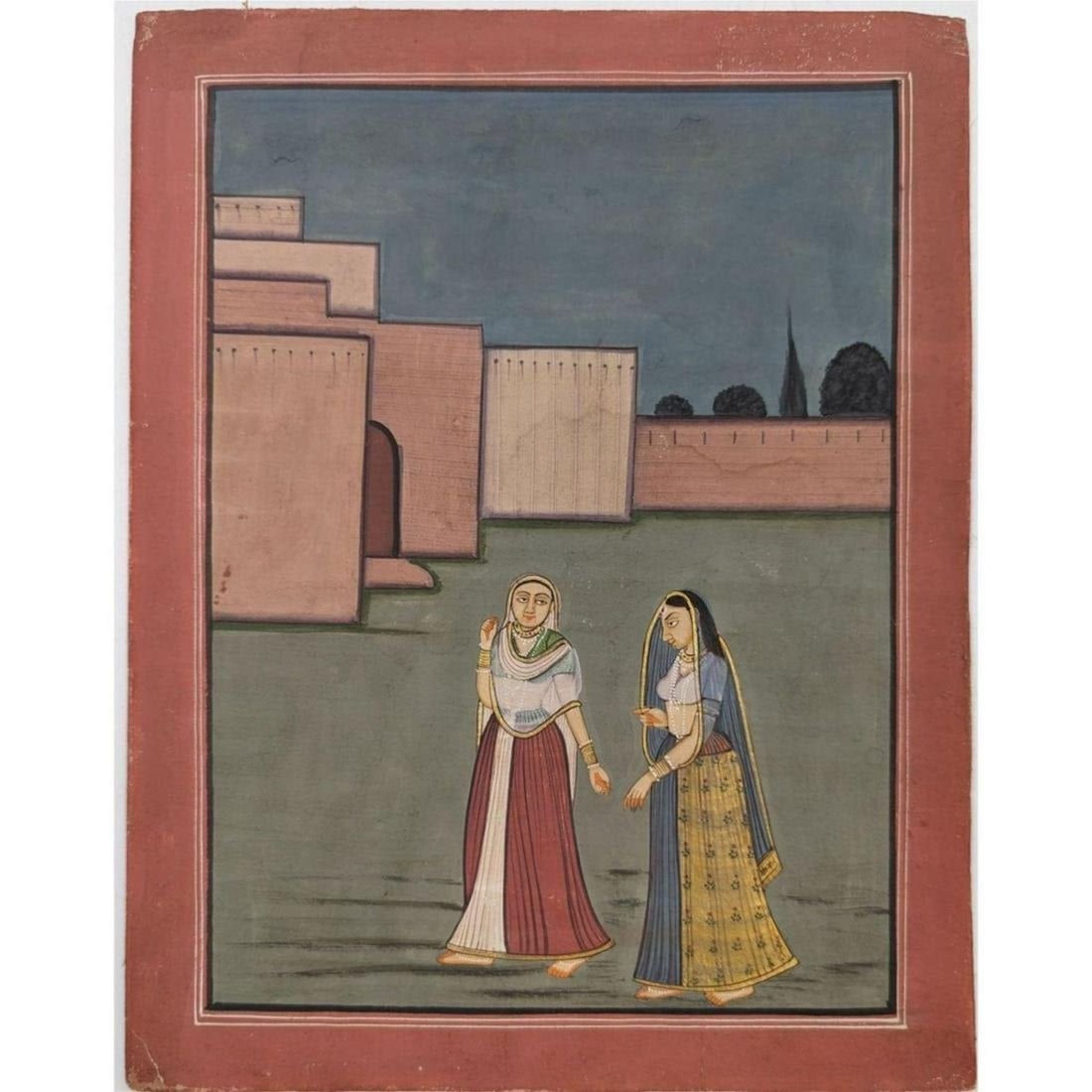 Indian Pahari School Miniature Painting Of A Queen And Her Attendant On A Palace Ground: Indian Pahari School Miniature Painting Of A Queen And Her Attendant On A Palace Ground. Measures approx. 9 5/8" X 7 5/8". || Please carefully read our terms of sale, shipping information, and request